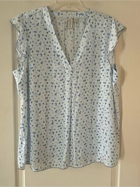 Joie Designer Light Blue Floral Print V-Neck Women's Blouse Size XL